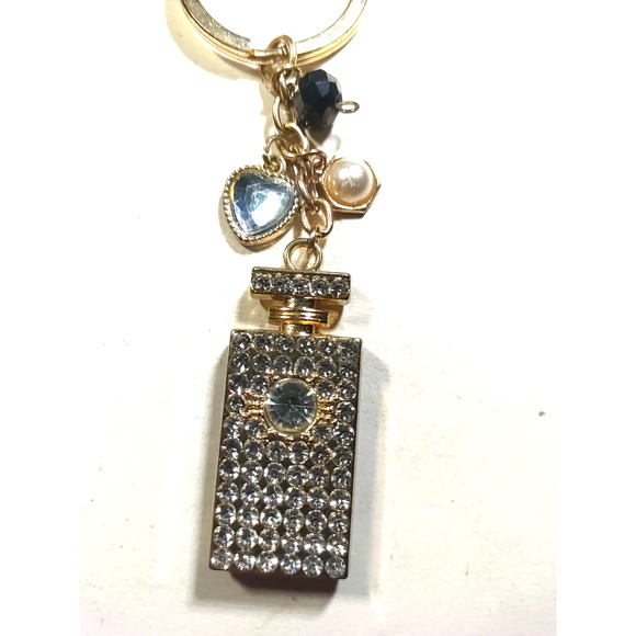Faux Perfume Bottle Rhinestone Keychain Rose Gold Tone Heart Pearl Purse Clip - Picture 4 of 6
